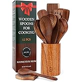 Natural Teak Wood Kitchen Utensil Set - 12 Piece Cooking Spoons & Spatulas with Large Spoon Holder & Rest, Non-Stick Heat Resistant Wooden Tools, Food-Safe Eco-Friendly Organizer