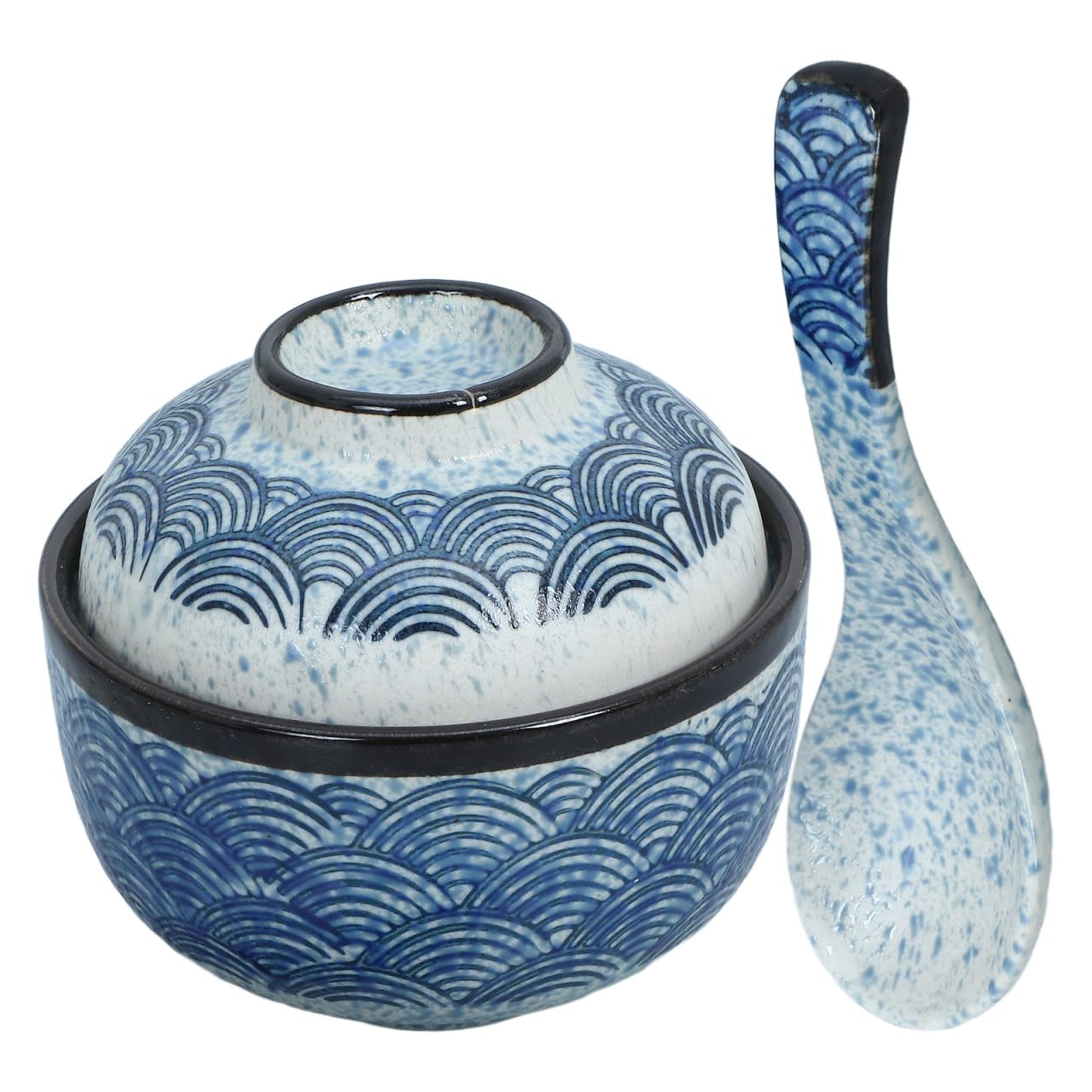 Cabilock Japanese Style Ceramic Miso Soup Bowl with Lid and Spoon, Covered Multi-Function Soup Large Ceramic Ramen Bowl with Lid for Noodles Rice Stews Diameter Practical Kitchen