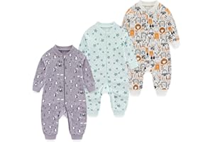 MAMIMAKA Newborn Baby 2-way Zipper Romper Cotton One-piece Jumsuit 3-pack, 0-24 Months