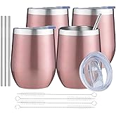 MEZMUT 12 Oz Insulated Wine Tumbler with Lid Double Wall Vacuum Stainless Steel Wine Glass Coffee Mug Insulated Tumbler Cup for Champaign, Cocktail, Beer (Rose Gold, 4 Pack)
