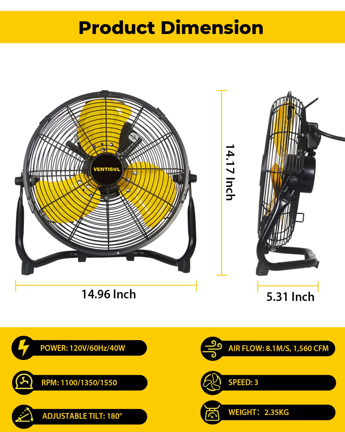 VENTISOL 12 Inch Portable Floor Fan, 3 Speed Metal Industrial Shop Fans with 180° Tilt, 1700 CFM High Velocity Heavy Duty Fan, for Bedroom, Garage, Workshop