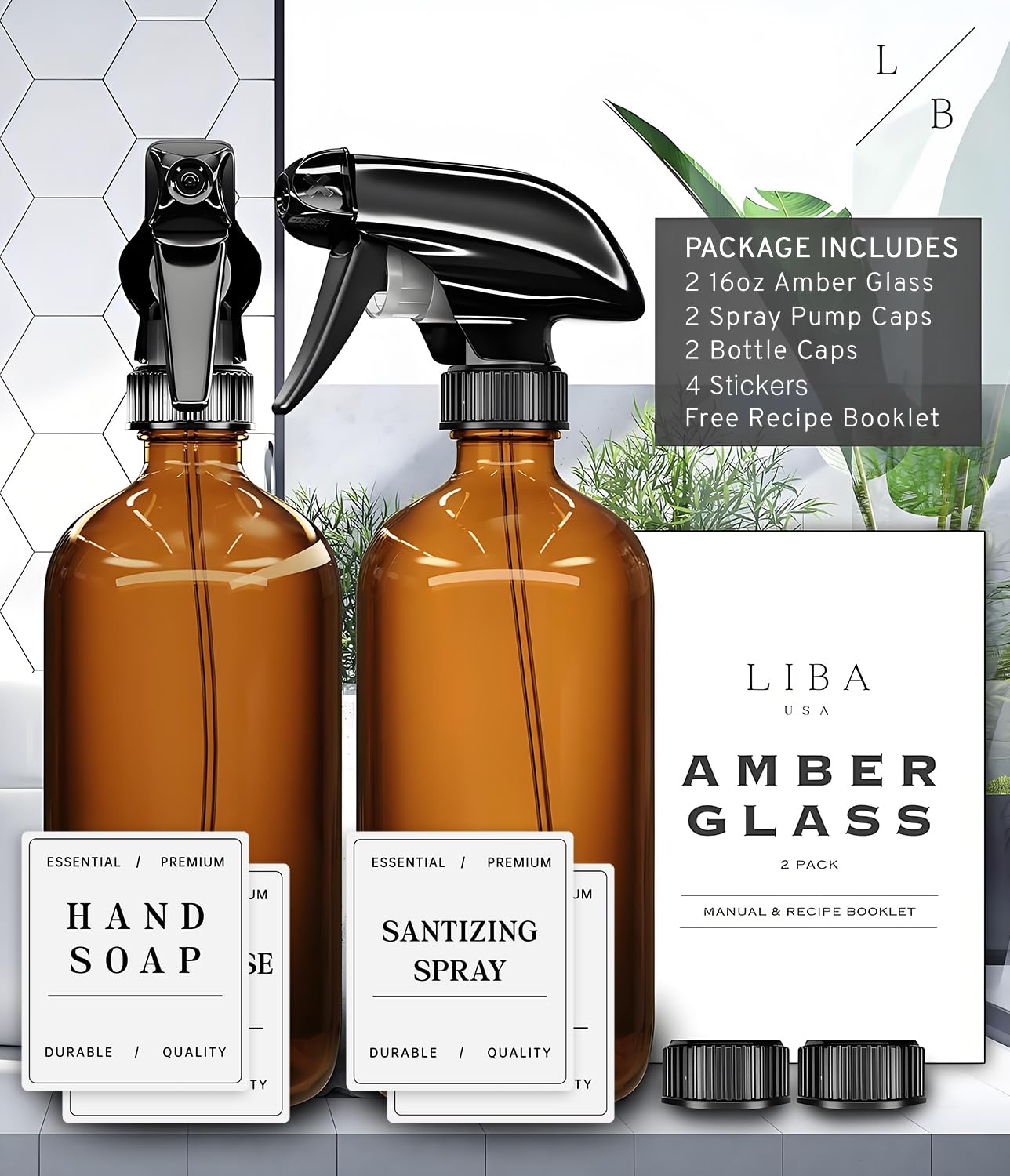 LiBa Amber Glass Spray Bottles 2 Pack, 16 oz Refillable Empty Spray Bottle for Cleaning, Essential Oils, Hair, Plants, Adjustable Nozzle for Squirt and Mist, Bleach/Vinegar/Rubbing Alcohol Safe