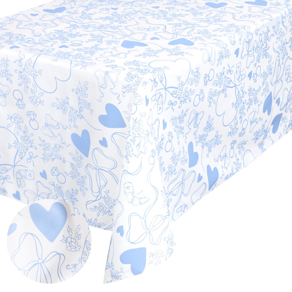 Photo 1 of xo, Fetti Something Blue Tablecloth, White + Blue | 9' x 4.5' | Bachelorette Tablescape, Wedding Party Setting, Bridal Shower Decoration, Engagement Table Cover