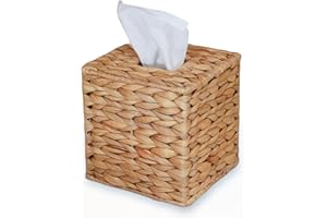 PINXIURY Water Hyacinth Handwoven Tissue Box Cover, Natural Handmade Wicker Napkin Box Holder, Handcrafted Square Facial Tissue, Rustic Decorative on Table and Bathroom, Office, Boho Decorative