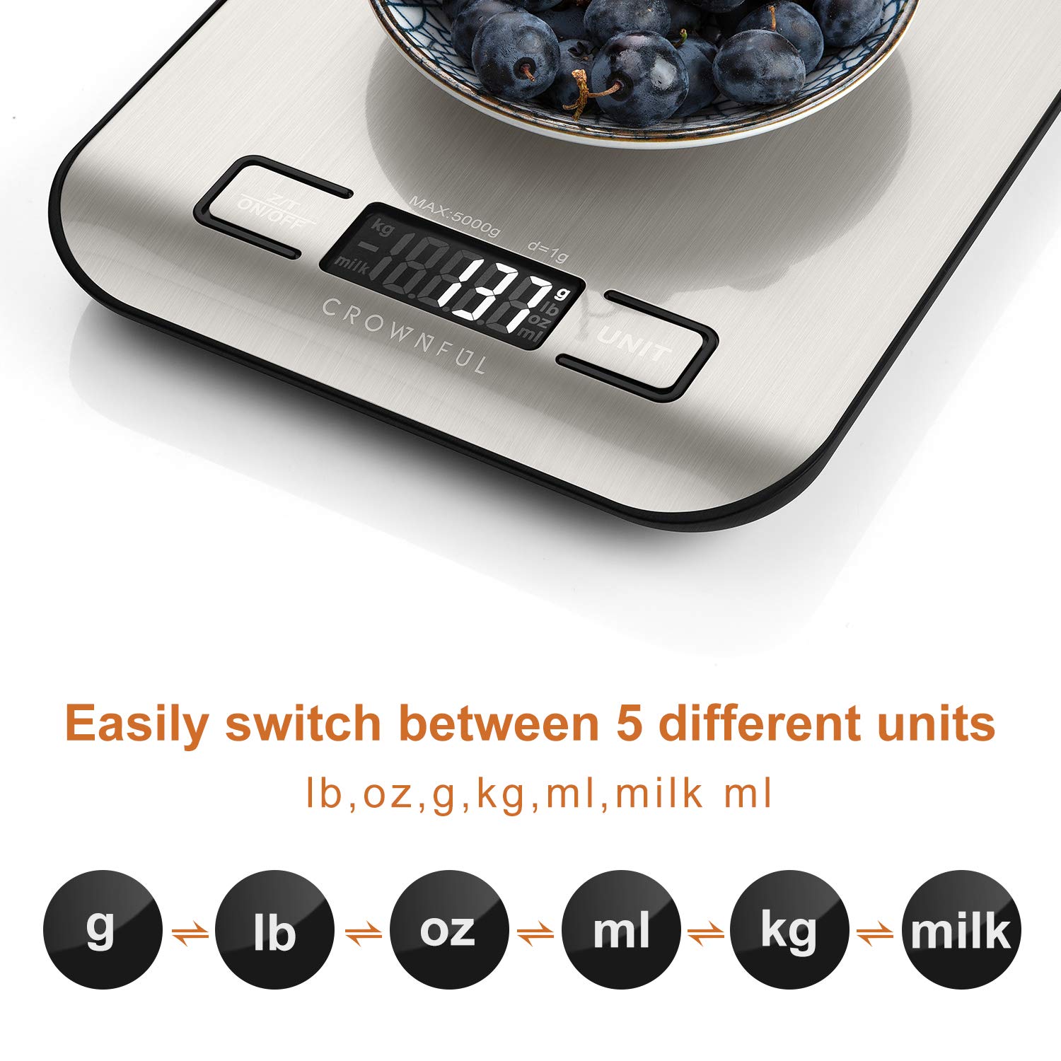 Crownful Digital Food Scales, 11lb Kitchen Scale Weight Grams and Ounces for Cooking and Baking, 5 Units with Tare Function (Batteries Included): Industrial & Scientific