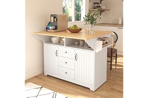 55.7'' Kitchen Island with 2 Drop Leaf & Power Outlet, Mobile Folding Table for 4-6 Seating, Rolling Cart with 3 Drawers, Spi