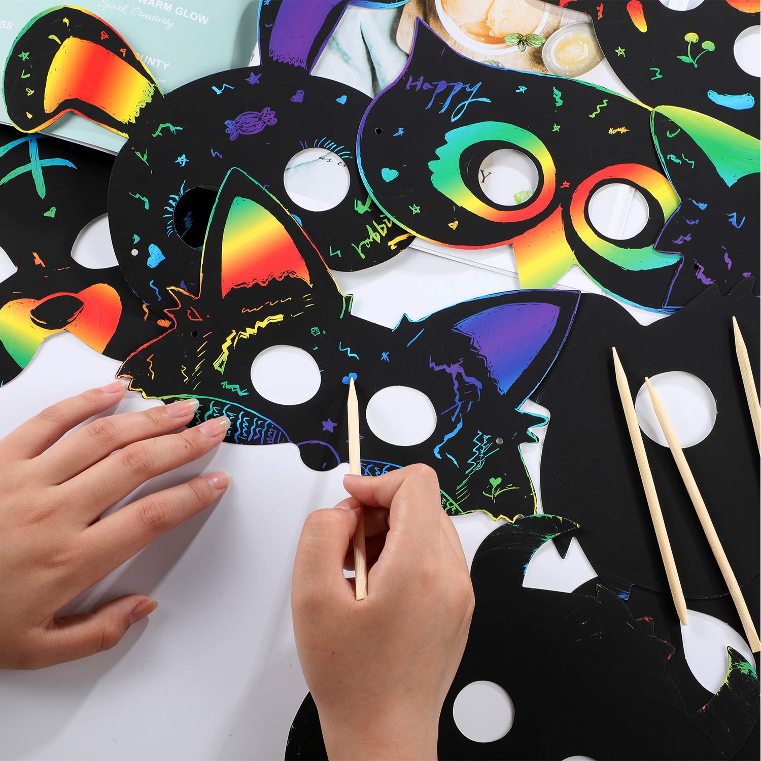 Honoson 36 Pieces Scratch Paper Animal Masks Rainbow Masks with Elastic Cords and 12 Pieces Wood Stylus for Costume Dress up Halloween Parties Decorations and DIY