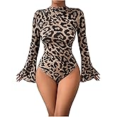 MakeMeChic Women's Leopard Print Bell Sleeve Tops Mock Neck Bodysuits Fall Business Casual Going Out Tops