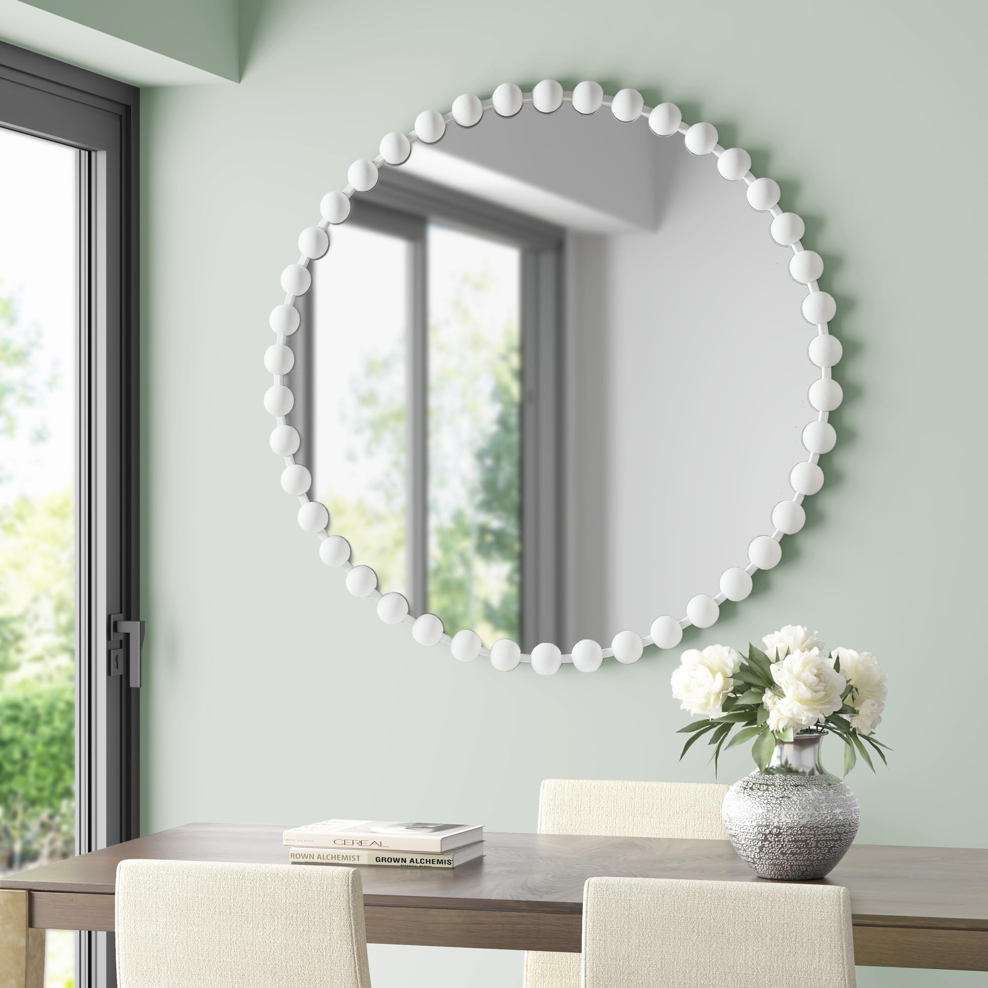 Madison Park Round Mirror, Metal Frame Circle Mirror 36 inch, Wall Art Decor Mounted Hanging for Entryway, Bathroom, Hallway, Living Room, Vanity, Marlowe, White Image