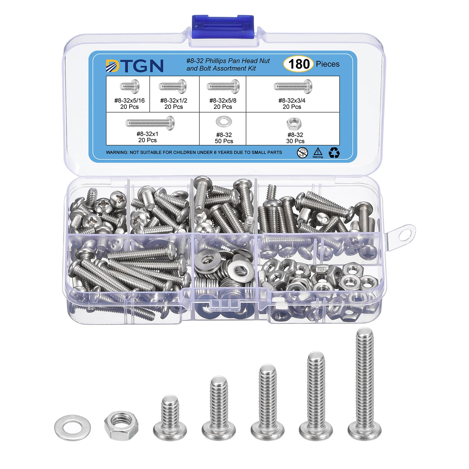 DTGN 180Pcs Machine Screws Assortment Kit, #8-32 Phillips Pan Head Nut and Bolt Assortment Kit, 304 Stainless Steel, Phillips Drive Pan Head Bolt Assortment With Washers