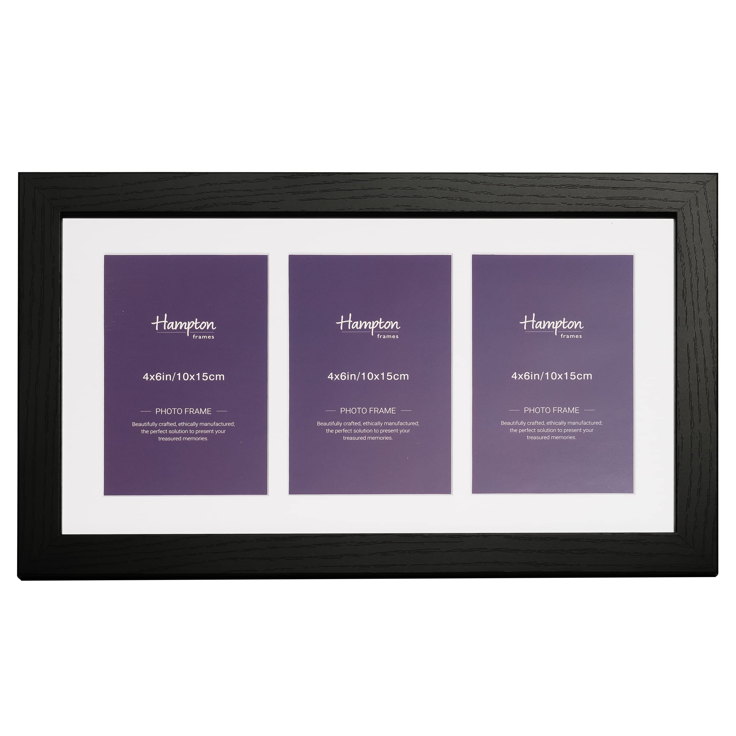 Hampton Frames | Multi Aperture Photo Frame | Black, 3-6x4 (10x15cm), Rectangular, Paperwrapped Wood Effect MDF, Acrylic Front | Wall Mount, Landscape or Portrait, Displays Multiple Photos