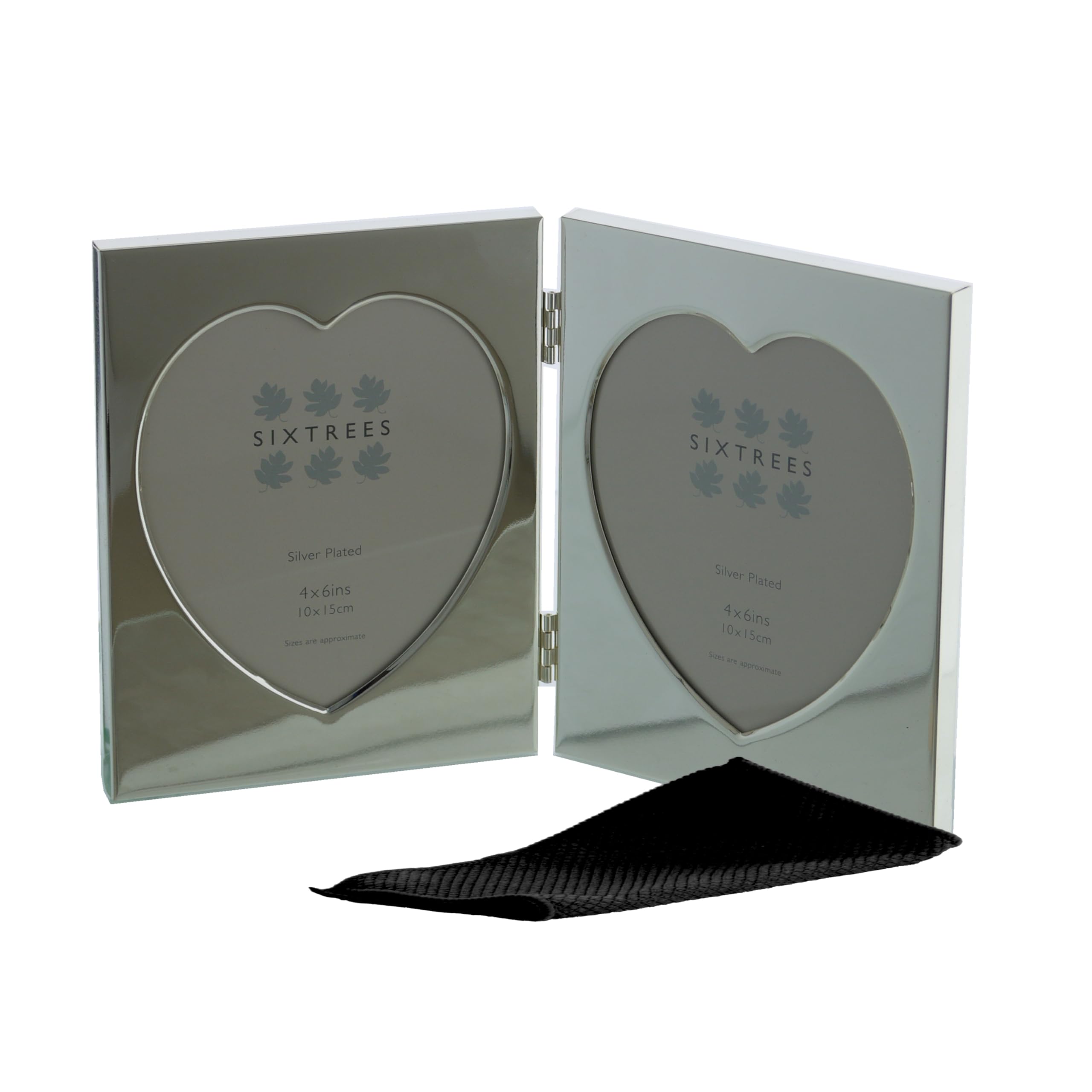 Sixtrees Romeo Heart Shaped silver plated folding 4 x 6 inch photo frame. Complete with microfibre polishing cloth. — image 1