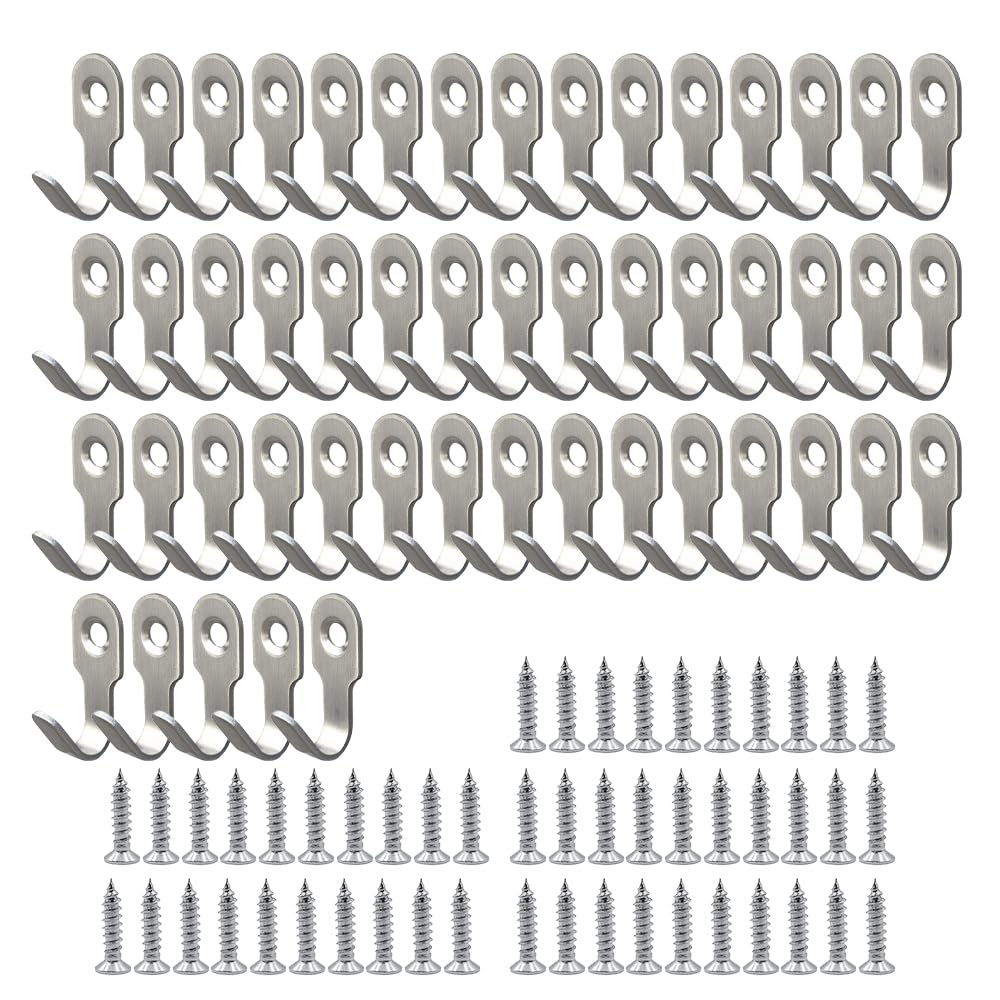 ONEBO 50 Pcs Heavy Duty Coat Hooks,Stainless Steel Wall Hook,Wall Mounted with Screws,Single Robe Coat Hooks,for Hanging Hat Tie Clothes Towel (The Single Hook Size is 25*10mm, The Screw is 15*6mm)