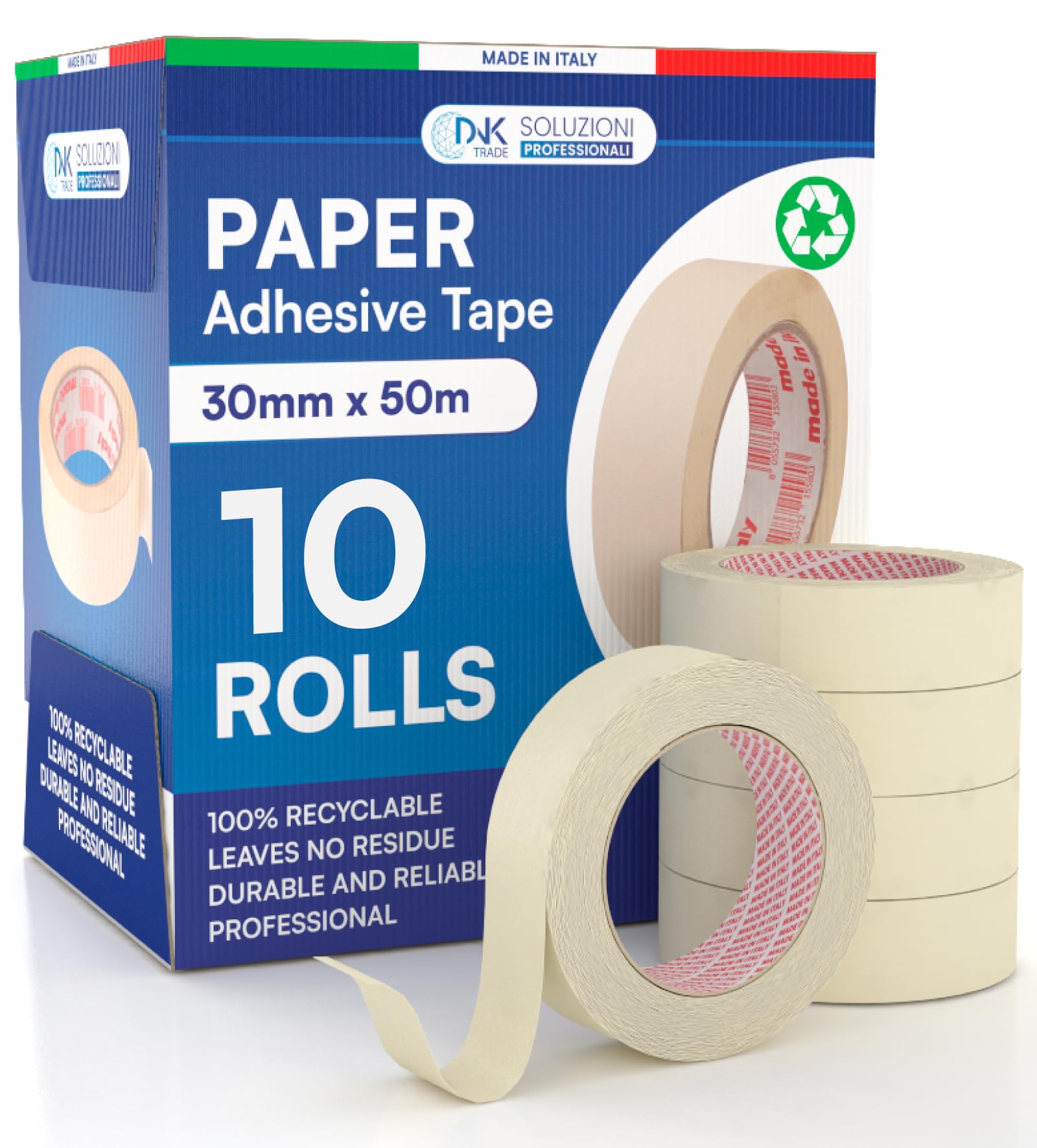 DNK TRADE Paper Masking Tape 30mm x 50m for Painters Professional Recyclable Gummed Paper for Painting and Whitewashing - 10 Rolls