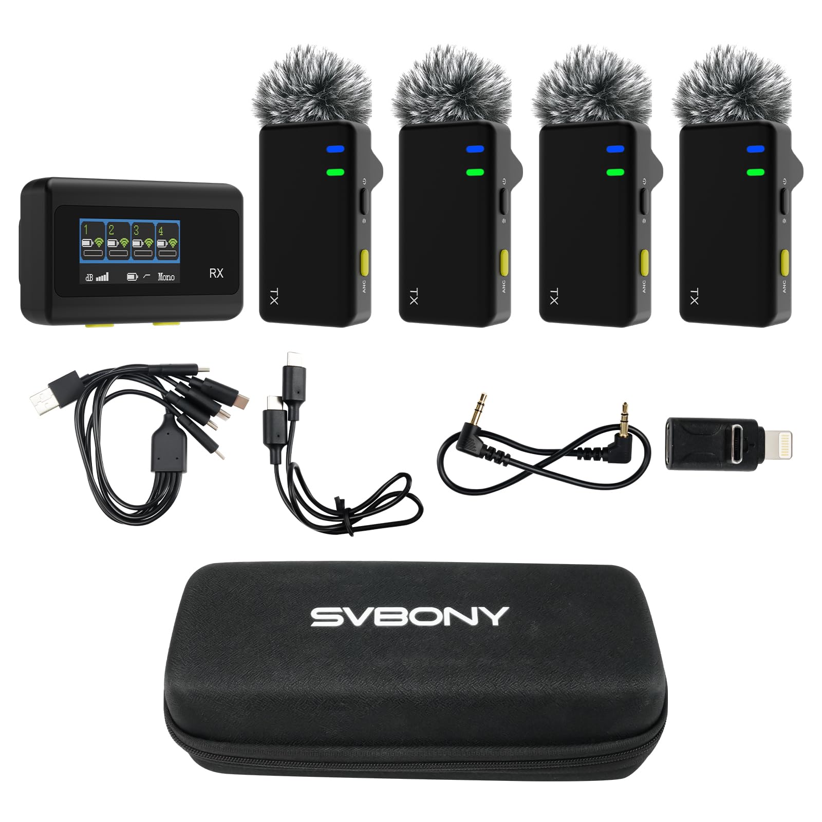 Photo 1 of 4-Person Wireless Lavalier Microphones Systems for Group Videos & Interviews, Compatible with iPhone, Android, Camera, 656ft Range, Smart Display, 2-Level Noise Reduction, Magnetic Mount,Safety Track