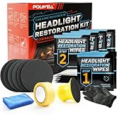POLIWELL Headlight Restoration Kit for Yellowing &amp; Oxidation Removal | 30-Sec Rapid Auto Lens Cleaner with UV Wipes, Sandpaper &amp; Block