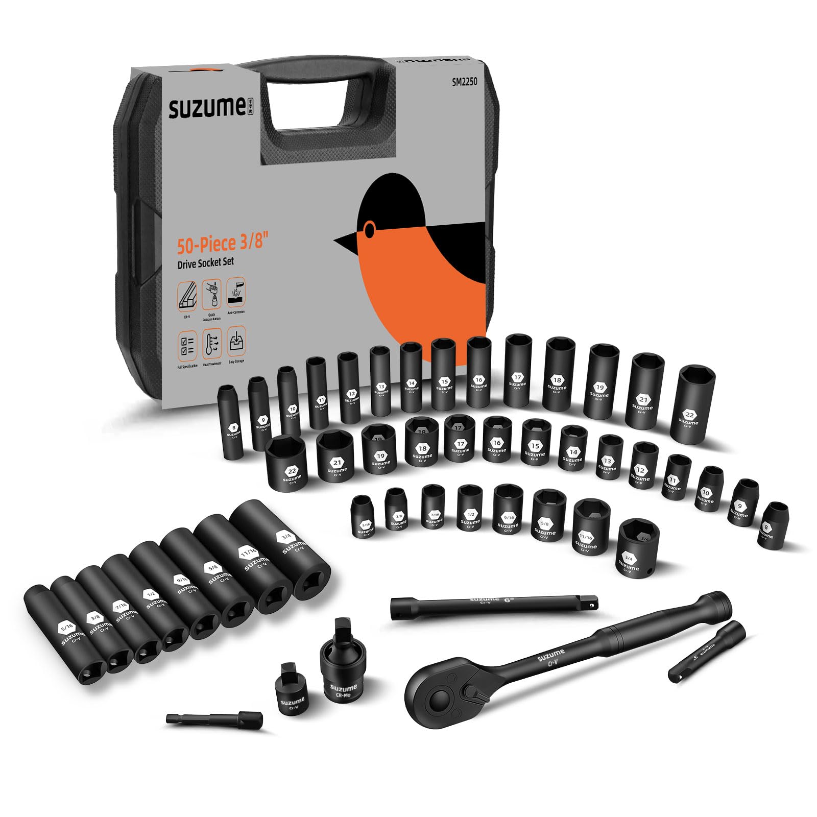 Photo 1 of SUZUME 3/8 Impact Socket Set, Cr-V Steel, 6 Point, 3/8" Drive, 50-Piece Standard Metric (8-22mm) and SAE (5/16-Inch to 3/4-Inch) Sockets with Adapters & Ratchet Handle, Extension Bars, Universal Joint