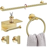 5-Piece Towel Bar Set Brushed Gold Bathroom Hardware Accessories Set Upgraded Toilet Paper Holder with Shelf Towel Holder Set for Bathroom Stainless Steel Wall Mounted