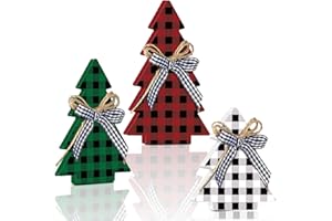 Yookeer Christmas Decor 3 Pieces Wood Table Rustic Christmas Tree Farmhouse Wooden Xmas Centerpiece for Small Table Xmas Trees Red Green Tiered Tray Party Decoration(Buffalo Plaid Style)