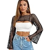 Quilax Mesh Crochet Shrug, Y2k Hollow Out Crochet Tops for Women, See Through Long Sleeve Bolero Shrug Sweater Bikini Cover Ups(S)