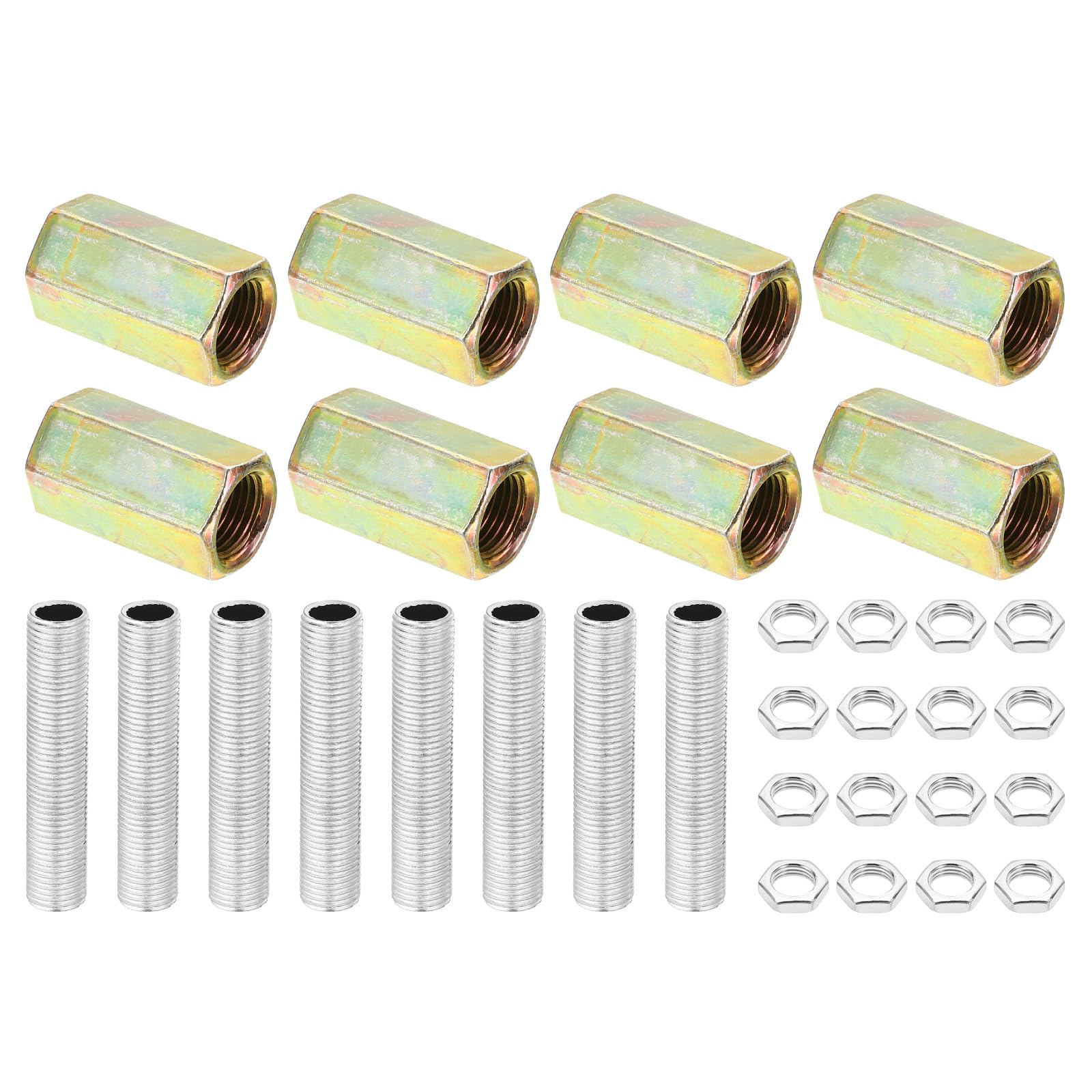 PATIKIL M10 Fine Thread Lamp Pipe Repair Parts Kits, 32 Pcs M10×25 Metal Hexagon Closed Coupling Nut with Threaded Pipe and Hex Nut for Light Extension Rod