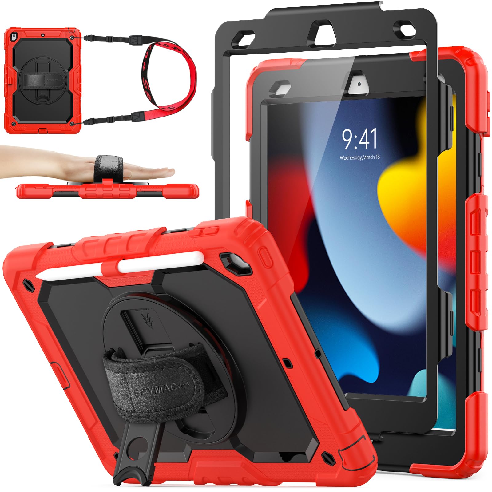 SEYMAC stock Case for iPad 9th/8th/7th Generation (10.2 Inch) 2021/2020/2019, Heavy Duty Shockproof with Screen Protector, 360° Rotating Stand/Hand Strap, Pencil Holder & Shoulder Strap, Red — image 1