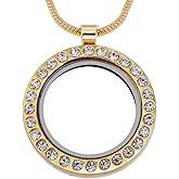 RUBYCA Living Memory Round Locket Snake Chain Necklace Crystal Floating Charm DIY Gold Tone 5Pcs