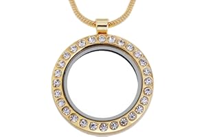 RUBYCA Living Memory Round Locket Snake Chain Necklace Crystal Floating Charm DIY Gold Tone 5Pcs