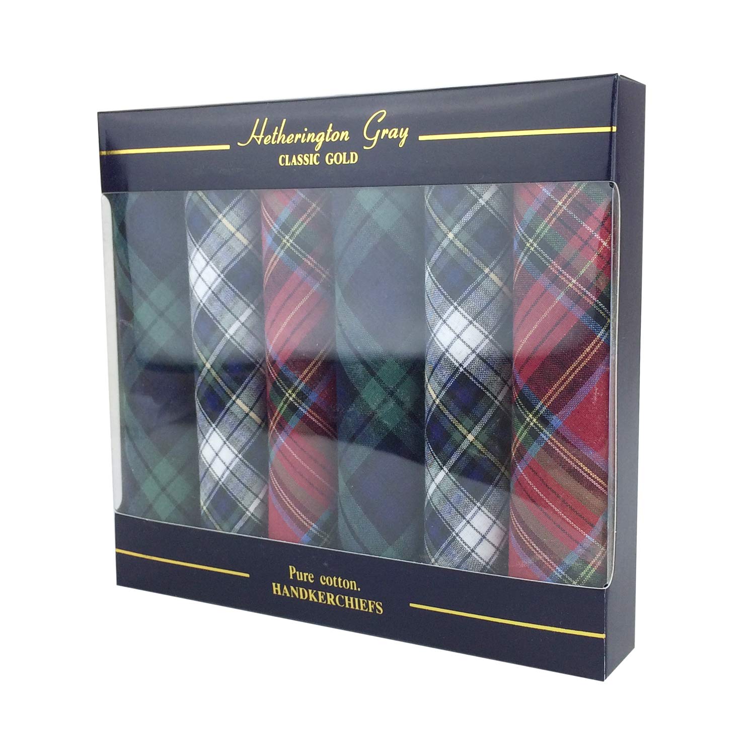 6 Pack Mens Boxed 100 Cotton Tartan Handkerchiefs, 40 x 40cm approx