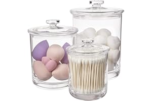 STORi 3-Pack Premium Quality Clear Plastic Qtip and Cotton Ball Holders, 15-oz, 30-oz, and 60-oz Apothecary Jars with Lids, Perfect Containers for Bathroom and Vanity, Set of 3