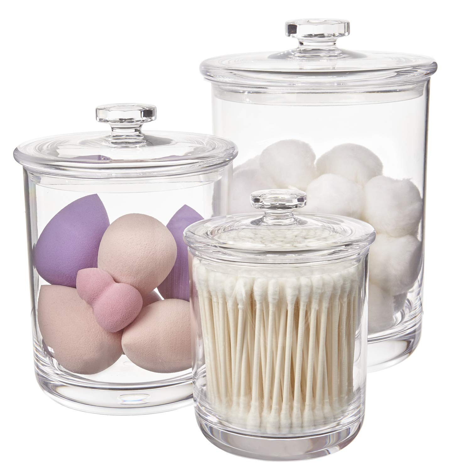 Photo 1 of STORi 3-Pack Premium Quality Clear Plastic Qtip and Cotton Ball Holders, 15-oz, 30-oz, and 60-oz Apothecary Jars with Lids, Perfect Containers for Bathroom and Vanity, Set of 3
