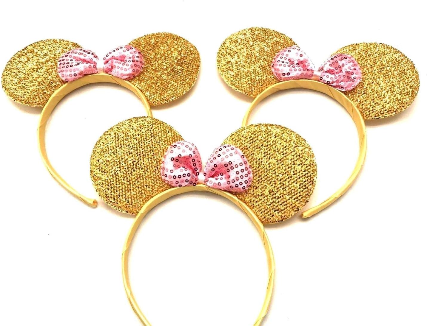 Mickey Minnie Headband 3 pcs Mickey Minnie Mouse Ears Pink Gold Sequins Bow Headband for Boys and Girls Birthday Party Celebrations