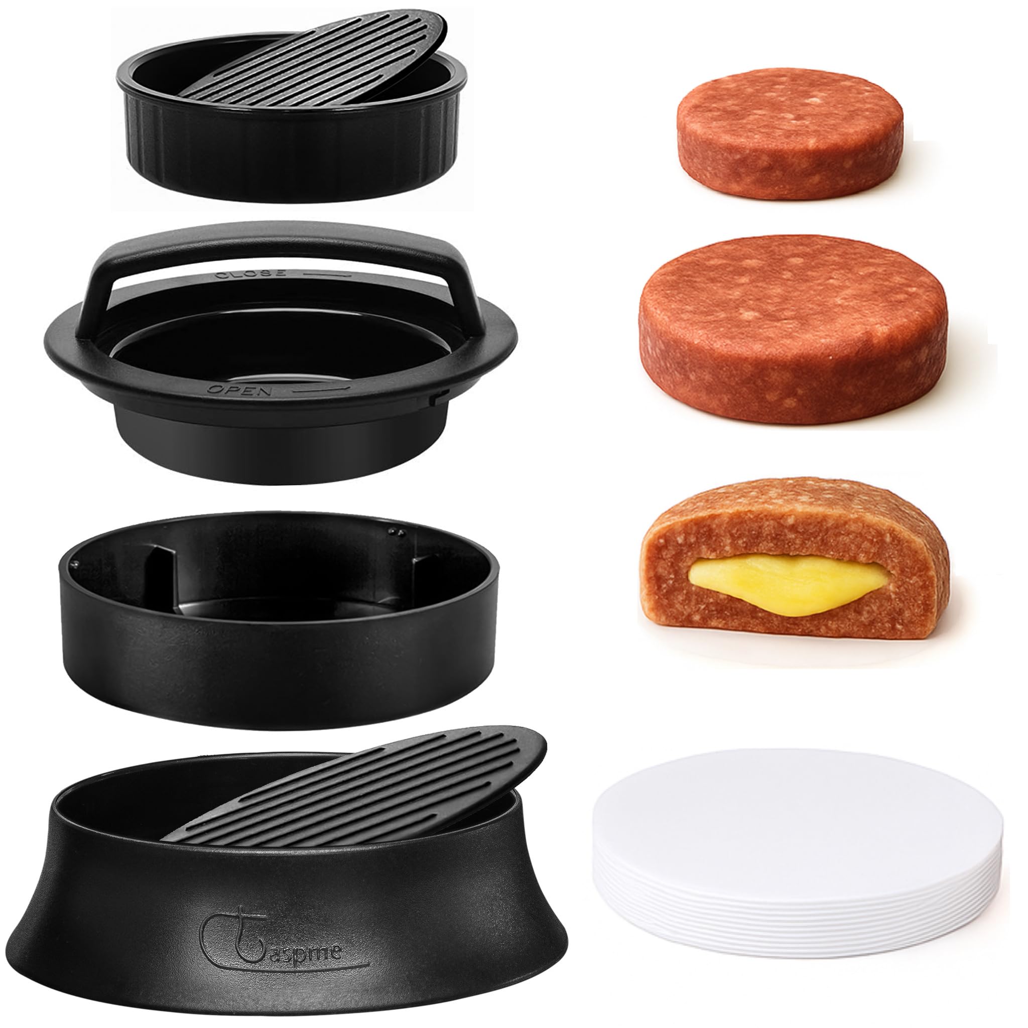 Claspme Burger Press with 110 Wax Paper Sheets & Storage Mesh Bag - 3 in 1 Nonstick Hamburger Patty Maker for Perfect Round & Delicious Stuffed Burgers