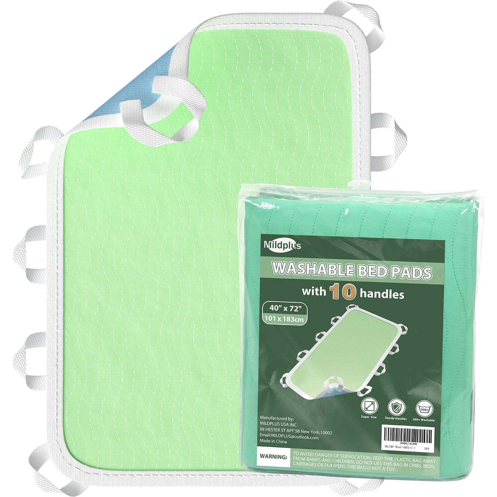 Photo 1 of **USED*** MILDPLUS Washable Bed Pads with 10 Sturdy Handles 40”×72” Extra Large Reusable Underpads 4-Layers Leakproof Chucks Pads Washable for Incontinence (Green,1 Pack)