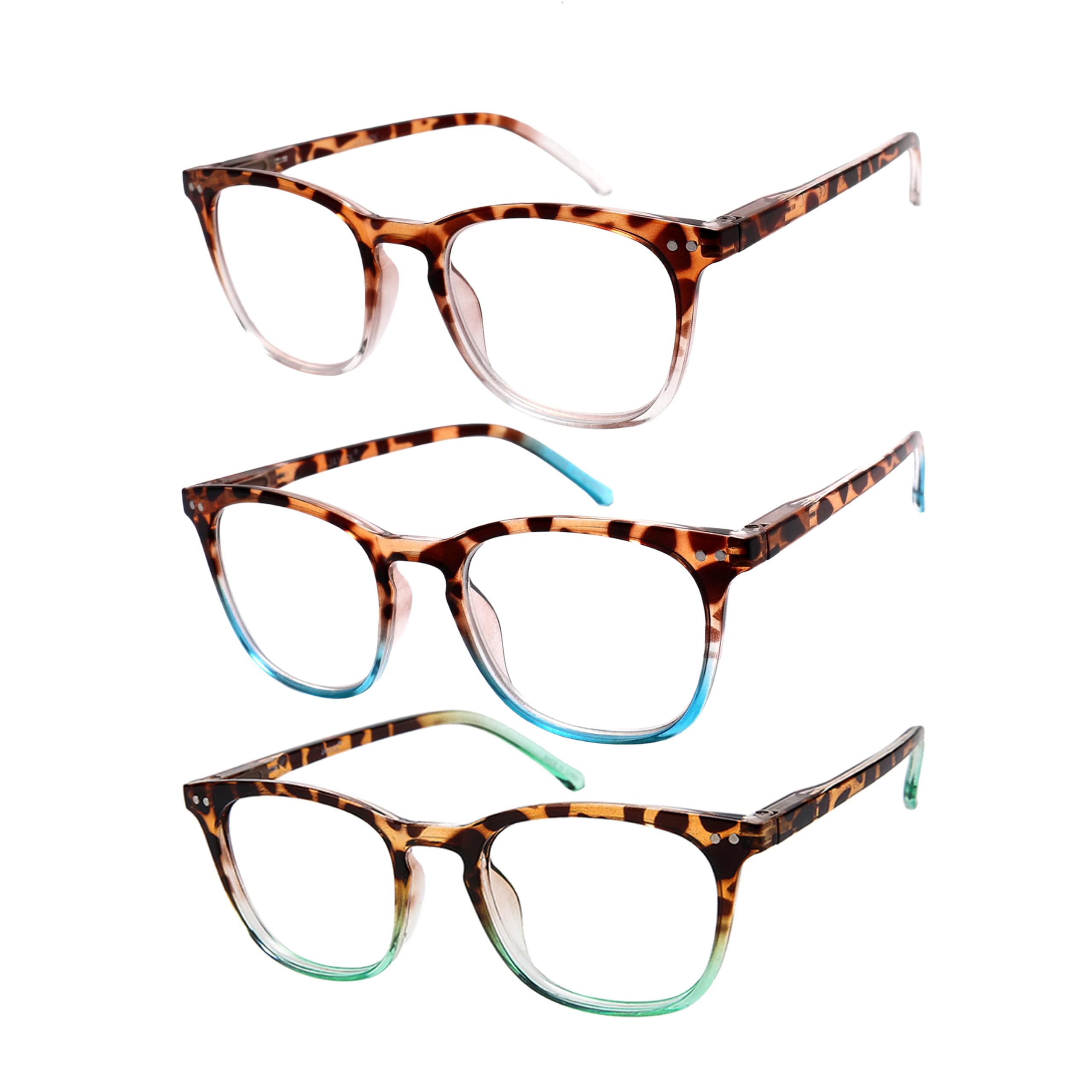 Dolarosey Vintage Reading Glasses_ 3 Pack Spring Hinge_ Ultra-Clear Vision_Matte Finish for a Smooth Feel and Classy Design (Blue Green Transparent, 4.0x)
