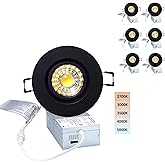 POPANU Canless Recessed Gimbal Downlight Rotatable-Spotlight 5 CCT 3 Inch Eyeball Ceilling Potlight, Dimmable Recessed Lights Fixture with Junction Box, 8W CCT Adjustable, Black Round Trim, 6 Pack