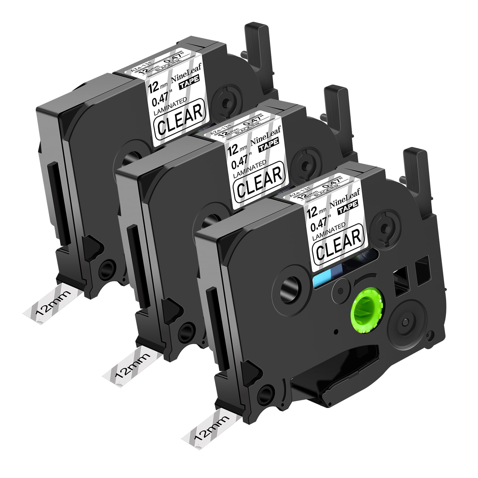 NineLeaf 3 x Compatible for Brother P-Touch TZe-131 TZe131 TZ-131 TZ131 AZe-131 AZe Tape 12mm 0.47'' 1/2 Inch Black on Clear Laminated Label Tape for Ptouch PT-E105 E110 E300 E500 E550W Label Maker