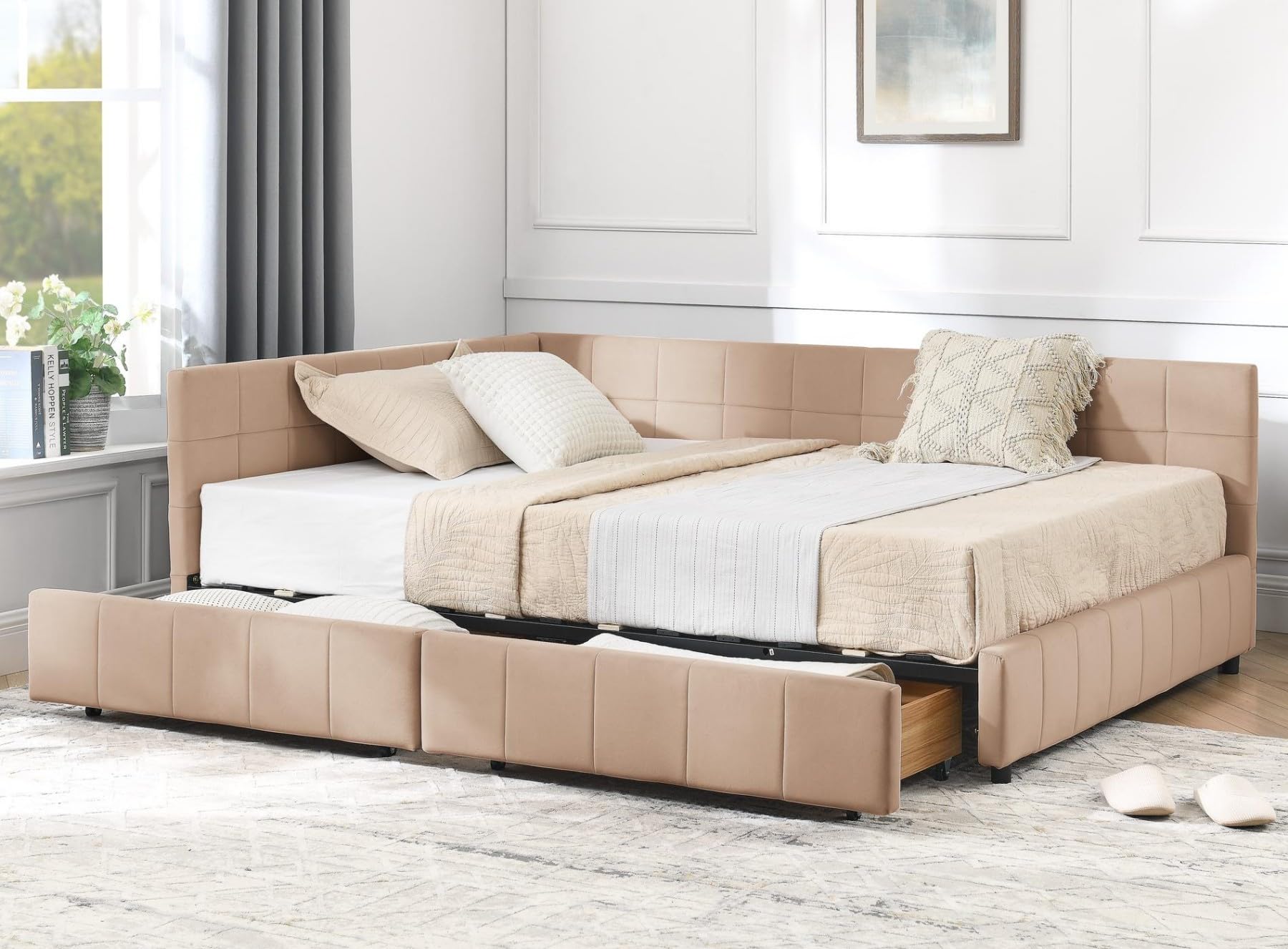 Photo 1 of KEIKI Full Size L Shape Corner Bed Frames with 2 Storage Drawer, Backrest and Armrests, Velvet Upholstered Sofa Daybed for Small Room, Living Room, Bedroom, Guest Room, Kids' Room