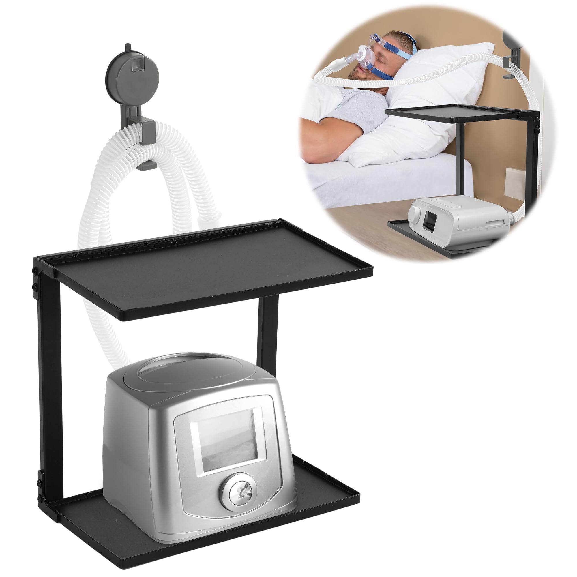 Photo 1 of BALAPET Metal CPAP Shelf for Bedside (No CPAP Included),CPAP Hose Holder for Nightstand Supplies for CPAP Organization, Double Iron Shelf Keep Your Desktop Tidy and Protected from Dust.