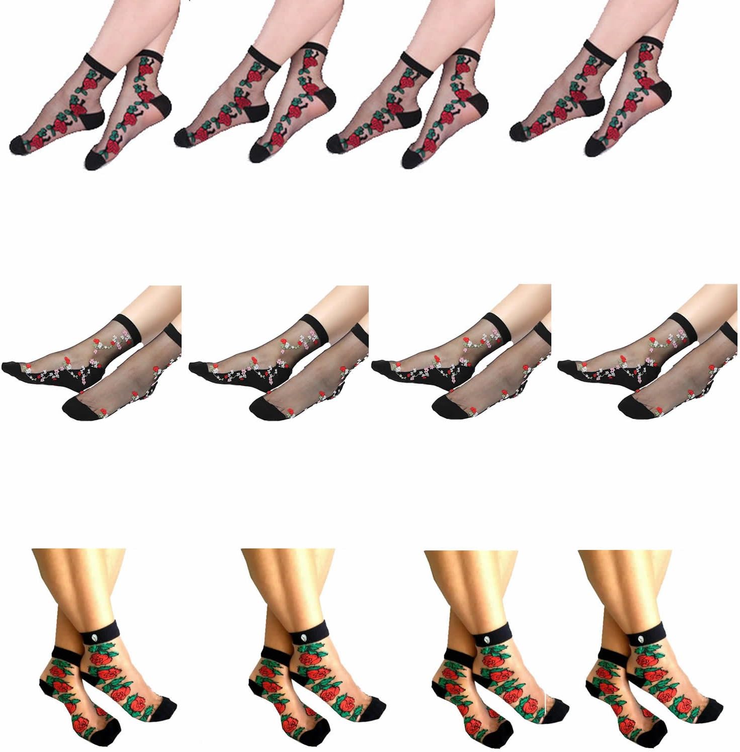 Hind Home Floral Print Multicolor Transparent Socks For Women's (Pack Of 12)