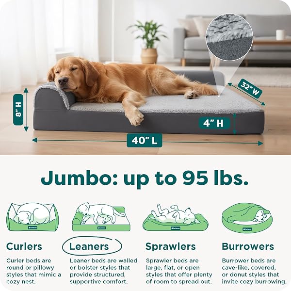 FURHAVEN ORTHOPEDIC DOG BED FOR LARGE DOGS W/ REMOVABLE BOLSTERS & WASHABLE COVER, FOR DOGS UP TO 95 LBS – TWO-TONE PLUSH FAUX FUR & SUEDE L SHAPED CHAISE – STONE GRAY, JUMBO/XL