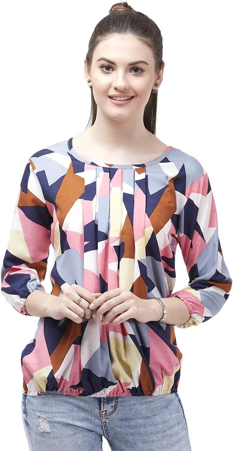 indietoga Women's Pink Multicolor Crepe Top (Medium to 2XL)