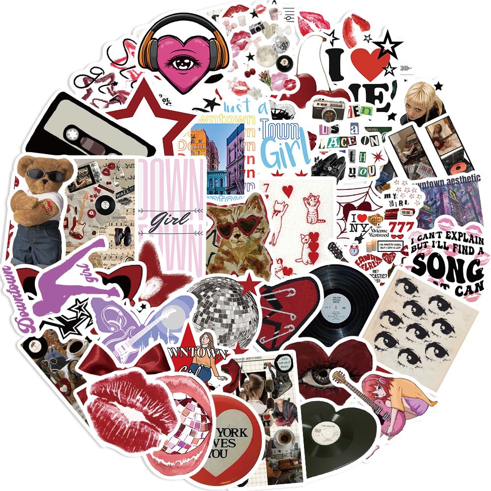 50 Pcs Downtown Girl Y2k Stickers for Kids Teens Adults Boys Girls Gift,Downtown Red Stickers Pack for Laptop,Skateboard,Luggage,Car,Bike, Cup,Computer,Water Bottle Decor,Vinyl Waterproof Sticker