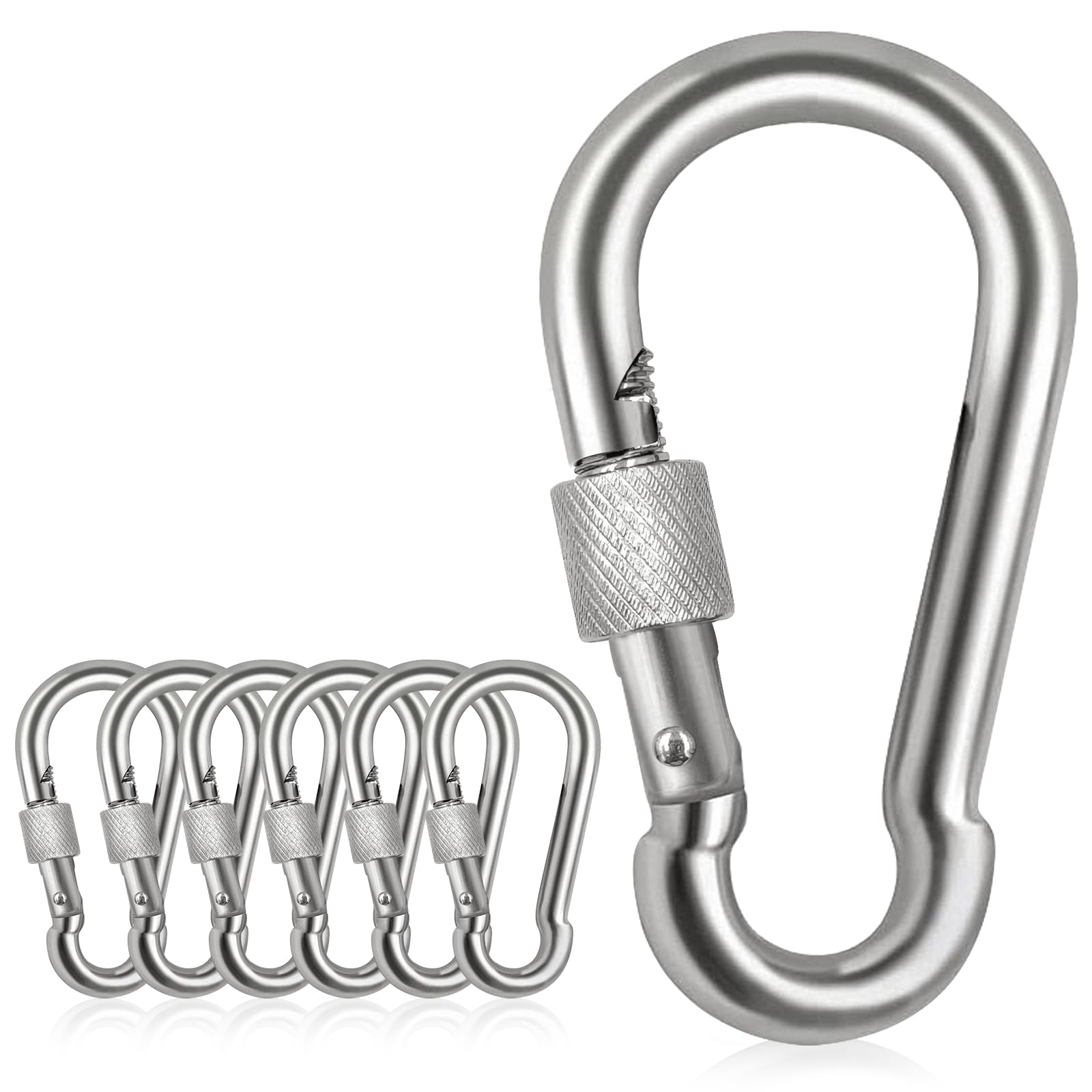 Spencer Locking Carabiner Clips 3.15'' 6 Pack-304 Premium Stainless Steel Thumb Screw Carabiner Clip Heavy Duty For Outdoor, Camping, Hiking, Swing, Gym, Dog Leash, silver