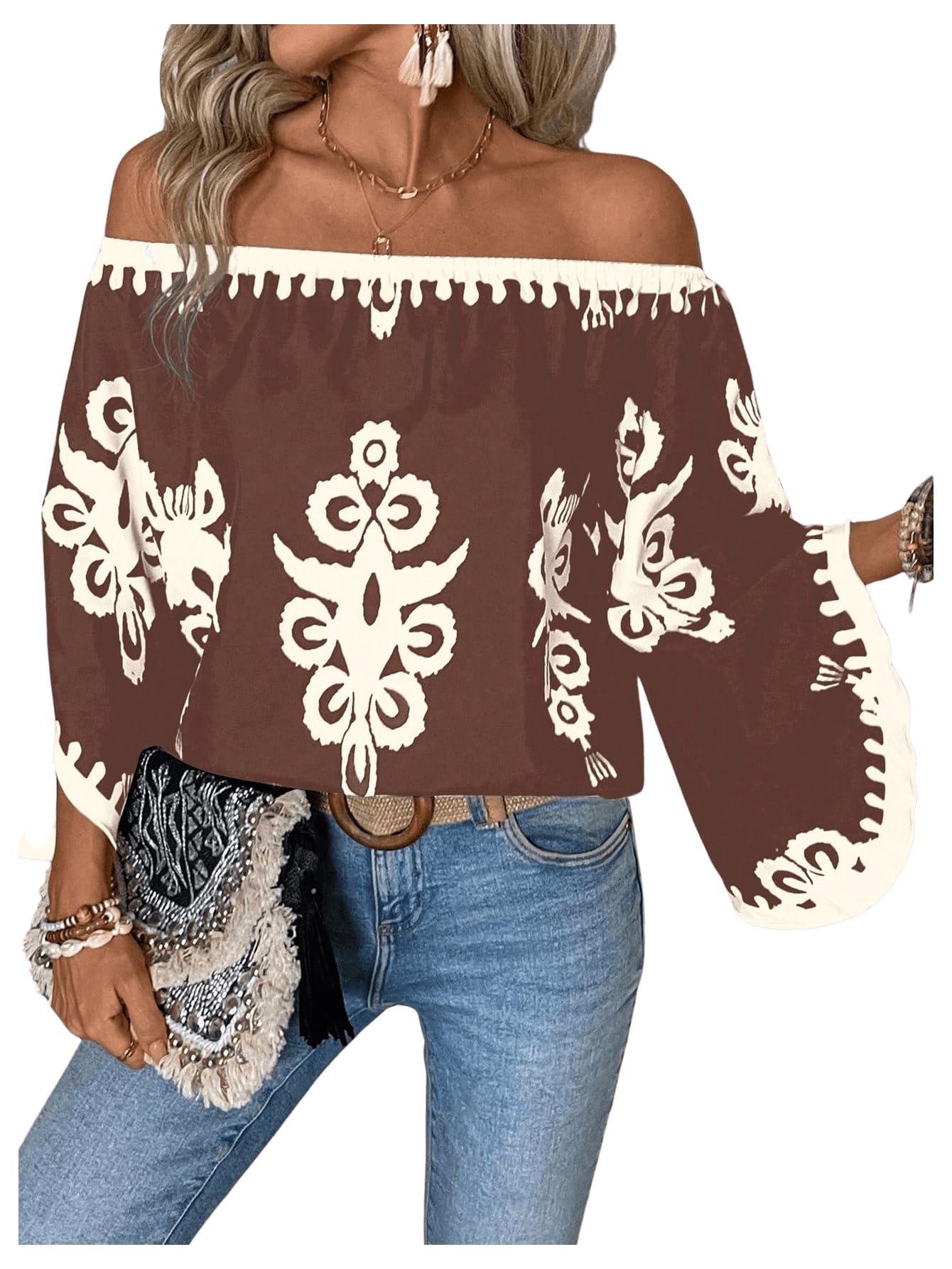 Photo 1 of GORGLITTER Women's Off The Shoulder Bell Long Sleeve Top Allover Print Blouse Shirts Coffee Brown Medium