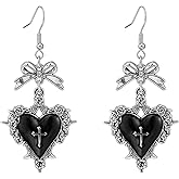 Frigotine Silver Gothic Heart Bow Bat Cross Earrings for Women, Trendy Punk Vintage Y2k Black Red Thorny Rose Aesthetic Vampire Halloween Costume Accessories Fashion Jewelry Gift