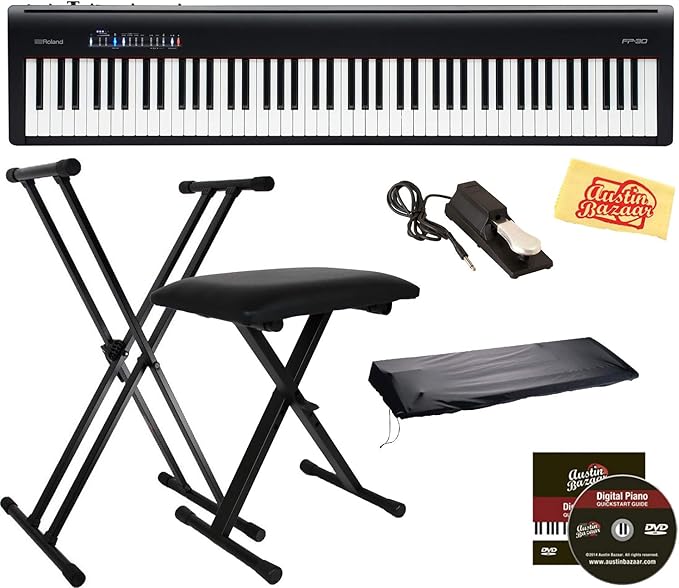 Roland Fp 30 Digital Piano Black Bundle With Roland Dp 10 Damper Pedal Adjustable Stand Bench Dust Cover Austin Bazaar Instructional Dvd And Polishing Cloth Amazon Co Uk Musical Instruments