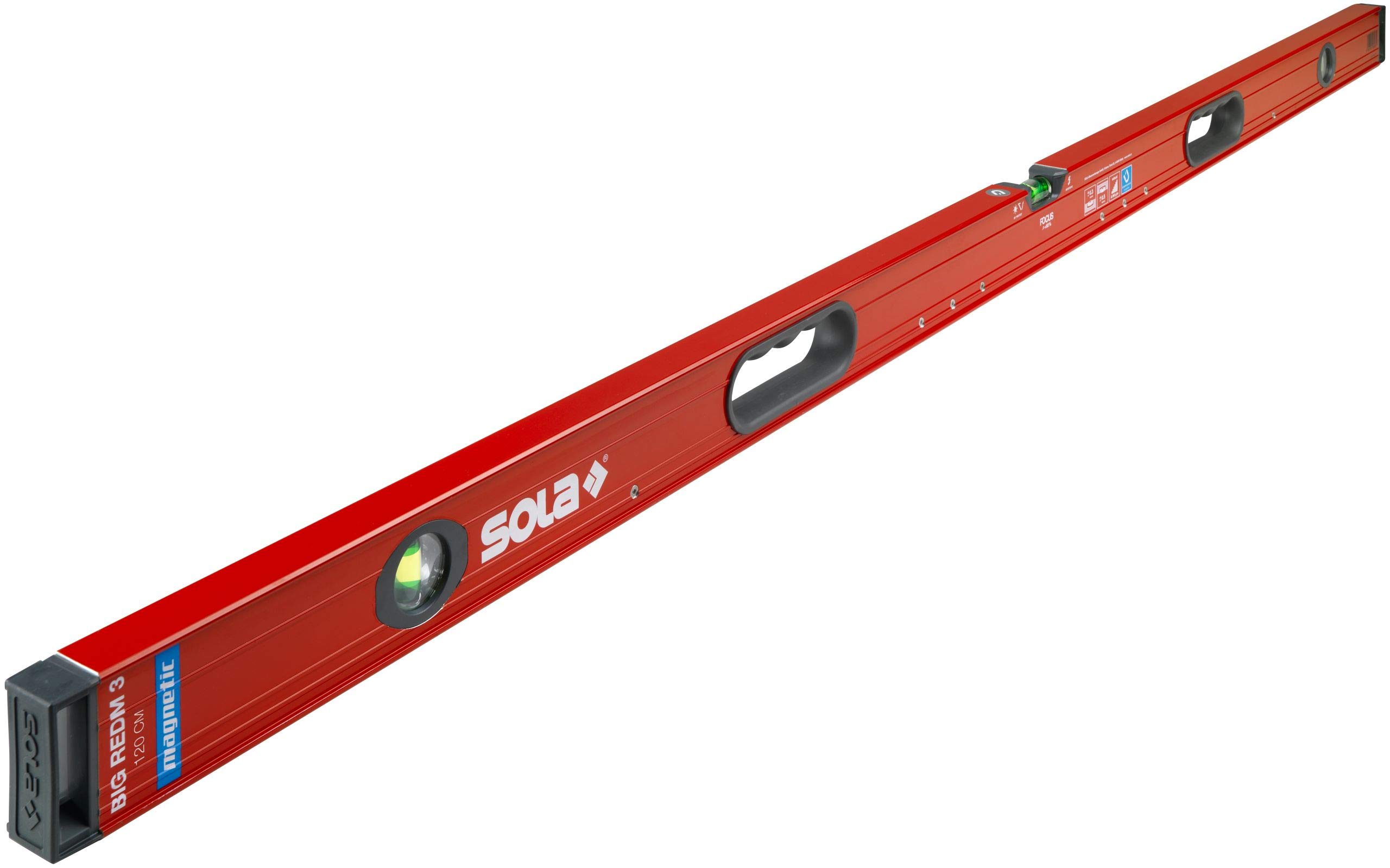 SOLA Big RedM 120 - Magnetic Spirit Level 120 cm - Strong Hold Thanks to Neodymium Magnets - Spirit Level with Magnet 120 cm - Patented SOLA Focus Dragonfly - with Shock Absorbing Tips