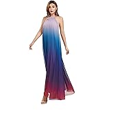 GETUBACK Women's Gradient Pleated Long Maxi Dress Chiffon Sexy Loose Summer Beach A-line Backless Sundress