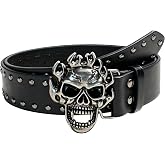 Ysqool Halloween Skull Leather Belt for Men Women, Gothic Punk Rock Belt | Black Studded Waist Band with Flame Skull Buckle for Jeans Pants